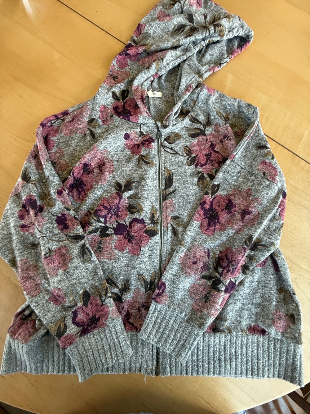 Maurices Gray Floral Zip Hoodie Cardigan with Pink & Purple Flowers
